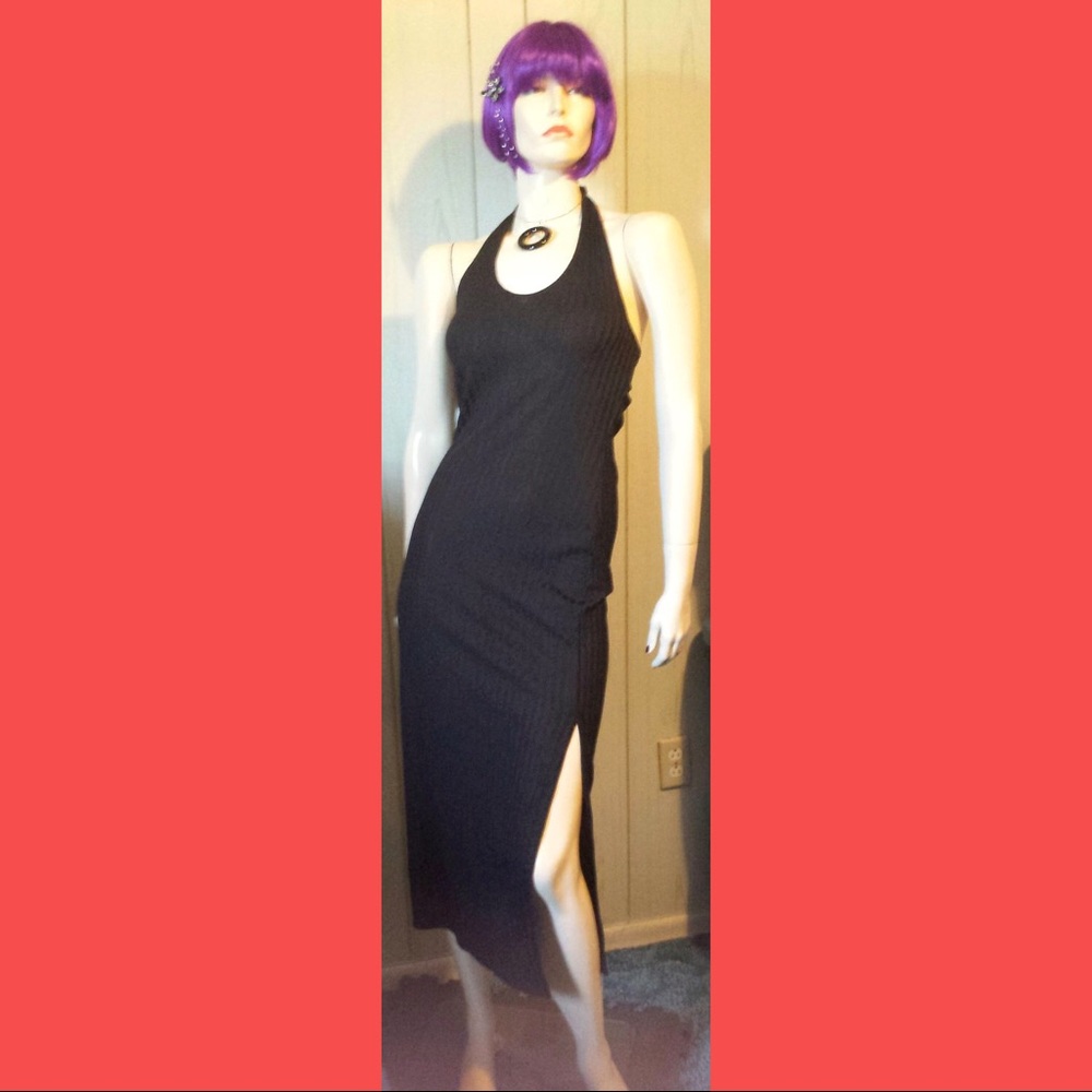 VTG 80s Vamp Sexy Black Formfit Halter Maxi Dress
